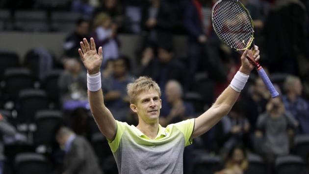 Kevin Anderson reacts after winning his match against Sam Querrey at the New York Open tennis tournament on Sunday. (AP) Kevin Anderson reacts after winning his match against Sam Querrey at the New York Open tennis tournament on Sunday. (AP)