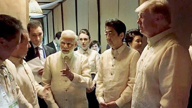 Prime Minister Narendra Modi with US President Donald Trump, Japanese Prime Shinzo Abe and other world leaders at ASEAN Summit dinner in Manila last year.(PTI File Photo)