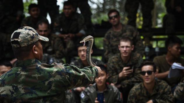 US and South Korean marines watch as a Thai marine handles a cobra during the Cobra Gold joint military exercise between US and Thai military in the coastal province of Chonburi. (AFP) US and South Korean marines watch as a Thai marine handles a cobra during the Cobra Gold joint military exercise between US and Thai military in the coastal province of Chonburi. (AFP)