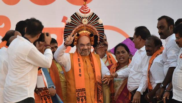 Amit Shah at a fishermen's convention at Maple beach in Udupi. (Arijit Sen/HT Photo) Amit Shah at a fishermen's convention at Maple beach in Udupi. (Arijit Sen/HT Photo)
