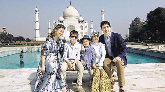 Canadian Prime Minister Justin Trudeau, his wife Sophie Gregoire Trudeau, their daughter Ella Grace and sons Hadrien and Xavier pose in front of the Taj Mahal in Agra, February 18 (REUTERS) Canadian Prime Minister Justin Trudeau, his wife Sophie Gregoire Trudeau, their daughter Ella Grace and sons Hadrien and Xavier pose in front of the Taj Mahal in Agra, February 18 (REUTERS)