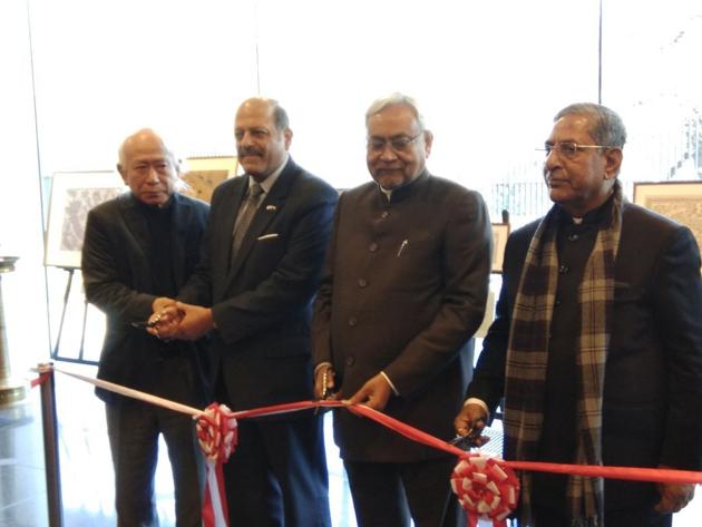 Chief minister Nitish Kumar inaugurating a Mithila painting exhibition in Tokyo on Tuesday.