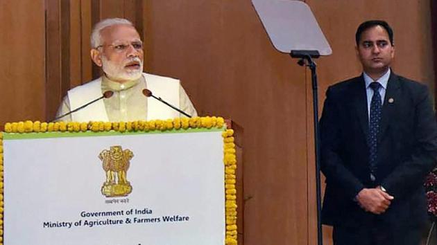 Prime Minister Narendra Modi addresses a National Conference on 'Doubling of Farmers Income by 2022' in New Delhi on Tuesday.(PTI Photo)