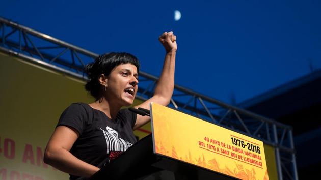 Catalan parliament member and leader of the pro-independence Catalan anticapitalist party CUP representative, Anna Gabriel speaking during a political rally commemorating the 40th anniversary of the first mass rally after the death of dictator Franco in Barcelona. (AFP File Photo) Catalan parliament member and leader of the pro-independence Catalan anticapitalist party CUP representative, Anna Gabriel speaking during a political rally commemorating the 40th anniversary of the first mass rally after the death of dictator Franco in Barcelona. (AFP File Photo)