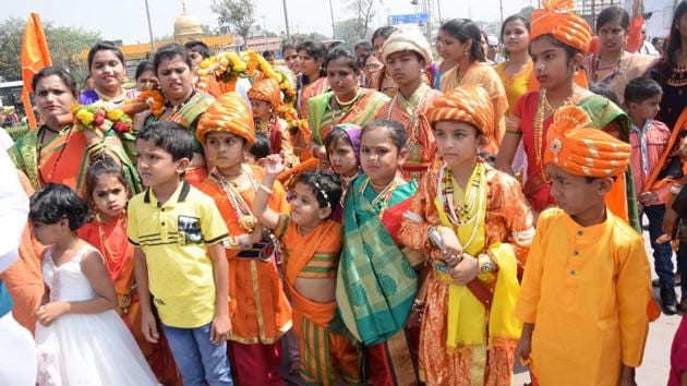 Children dressed in traditional Maratha outfits during the Shiv Jayanti celebrations organised by Sakal Maratha Bahujan Samaj at Bhakkti Shakkti Garden, Nigdi, on February 19. (HT PHOTO) Children dressed in traditional Maratha outfits during the Shiv Jayanti celebrations organised by Sakal Maratha Bahujan Samaj at Bhakkti Shakkti Garden, Nigdi, on February 19. (HT PHOTO)