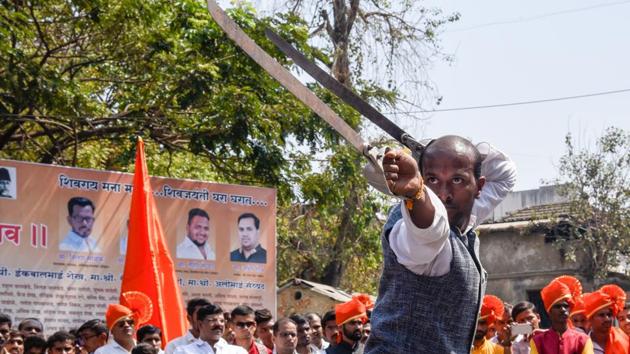 A man performs with dan pattas during the rally organised by Maratha Seva Sangha on the occasion of Shiv Jayanti on February 19. (Sanket Wankhade/HT PHOTO) A man performs with dan pattas during the rally organised by Maratha Seva Sangha on the occasion of Shiv Jayanti on February 19. (Sanket Wankhade/HT PHOTO)