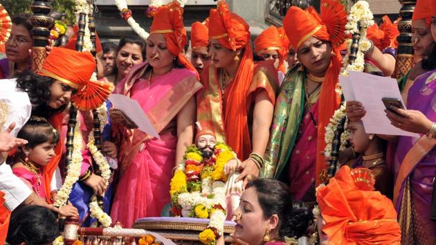 Women celebrate Shiv Jayanti at SSPMS, Shivajinagar, on February 19. (HT PHOTO) Women celebrate Shiv Jayanti at SSPMS, Shivajinagar, on February 19. (HT PHOTO)