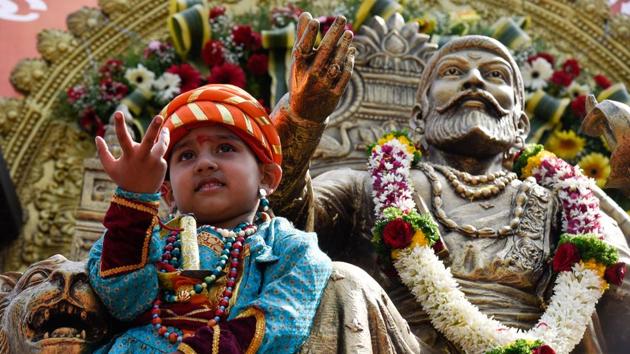 A child dressed up as Shivaji Maharaj during a rally from Shaniwarwada to SSPMS college, organised by the Maratha Seva Sangha, on the occasion of Shiv Jayanti on February 19. (Sanket Wankhade/HT PHOTO) A child dressed up as Shivaji Maharaj during a rally from Shaniwarwada to SSPMS college, organised by the Maratha Seva Sangha, on the occasion of Shiv Jayanti on February 19. (Sanket Wankhade/HT PHOTO)