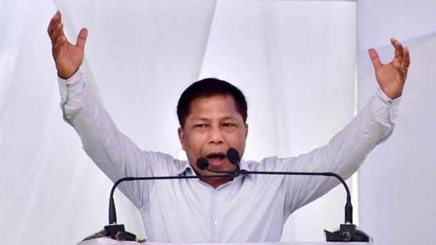 Meghalaya chief minister Mukul Sangma addresses an election campaign rally, ahead of Assembly polls at Mendhipathar in North Garo Hills district on Tuesday.(PTI Photo)