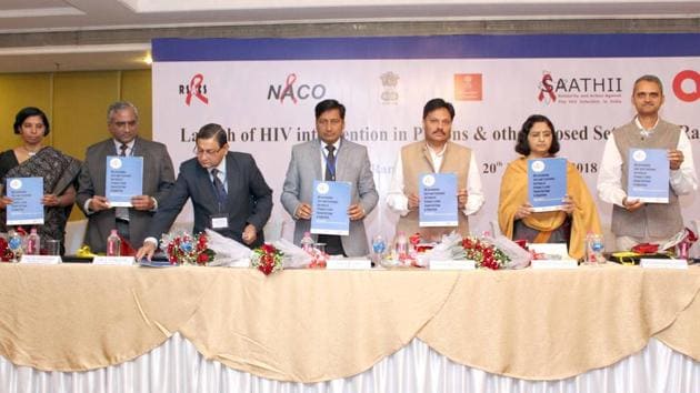 Additional secretary and director general, National AIDS Control programme, Sanjeev Kumar and additional chief secretary health Veenu Gupta with other delegates at the launch of HIV Intervention in Prisons & Other closed settings in Rajasthan, in Jaipur on Tuesday.(HT Photo)