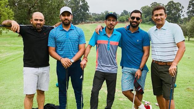 Rohit Sharma, Yuzvendra Chahal, Dinesh Karthik and Sanjay Bangar headed out to a golf course ahead of India’s second T20I vs South Africa.(Instagram: @rohitsharma45)