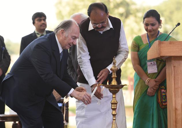 Vice President M. Venkiah Naidu (C)and Aga Khan IV (L) seen during the inauguration of the newly renovated 16th century Sunder Nursery, adjacent to Humayun’s Tomb in Nizamuddin, Delhi on Wednesday. (Raj K Raj / HT Photo) Vice President M. Venkiah Naidu (C)and Aga Khan IV (L) seen during the inauguration of the newly renovated 16th century Sunder Nursery, adjacent to Humayun’s Tomb in Nizamuddin, Delhi on Wednesday. (Raj K Raj / HT Photo)
