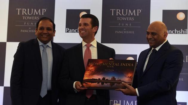 (Left to Right) Sagar Chordia, Donald Trump Jr. and Atul Chordia during launch of tower two of Trump Towers Pune at Kalyani Nagar. (Pratham Gokhale/HT Photo) (Left to Right) Sagar Chordia, Donald Trump Jr. and Atul Chordia during launch of tower two of Trump Towers Pune at Kalyani Nagar. (Pratham Gokhale/HT Photo)