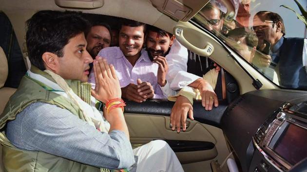 Congress leader Jyotiraditya Scindia greets party workers during his visit to Bhopal on Friday. (PTI Photo) Congress leader Jyotiraditya Scindia greets party workers during his visit to Bhopal on Friday. (PTI Photo)