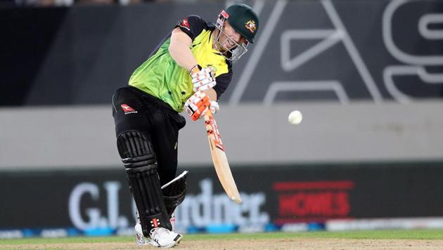 Australia's David Warner bats during the Twenty20 Tri Series international final between New Zealand and Australia at Eden Park in Auckland on February 21, 2018. Get full cricket score of New Zealand vs Australia, T20 tri-series final here.(AFP)