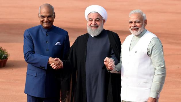 [From left]: President Ram Nath Kovind, Iranian President Hassan Rouhani and Prime Minister Narendra Modi during a ceremonial reception at the Rashtrapati Bhavan, New Delhi, February 17, 2018(AFP)