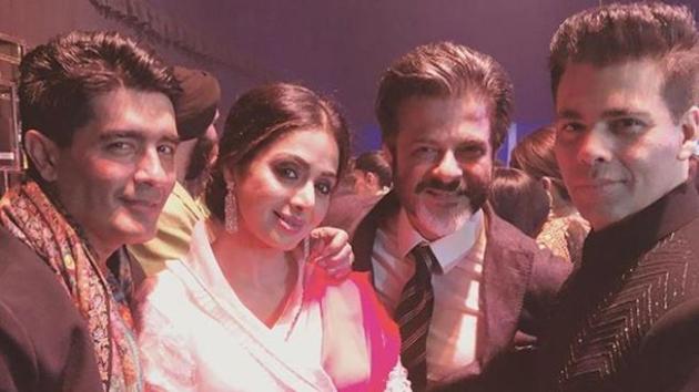 Manish Malhotra poses with Sridevi, Anil Kapoor and Karan Johar at the wedding ceremony of Mohit Marwah.