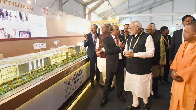 Prime Minister Narendra Modi, CM Yogi Adityanath and Uttar Pradesh governor Ram Naik after the inauguration of the Investors Summit 2018 in Lucknow on Wednesday. (PTI Photo) Prime Minister Narendra Modi, CM Yogi Adityanath and Uttar Pradesh governor Ram Naik after the inauguration of the Investors Summit 2018 in Lucknow on Wednesday. (PTI Photo)