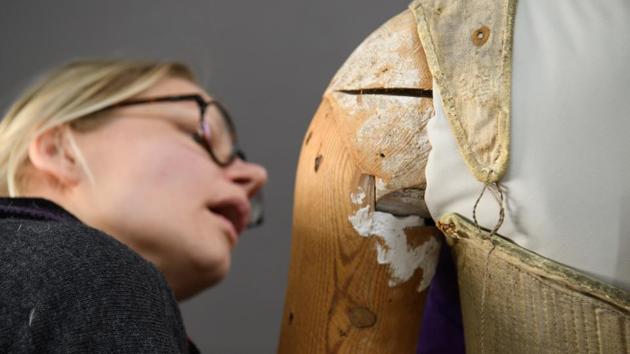 The bodice was supplied by the Queen's tailor, William Jones, to Elizabeth's own pattern and was made especially for the effigy which was carried on the hearse at her funeral in 1603. (Leon Neal / Getty Images) 