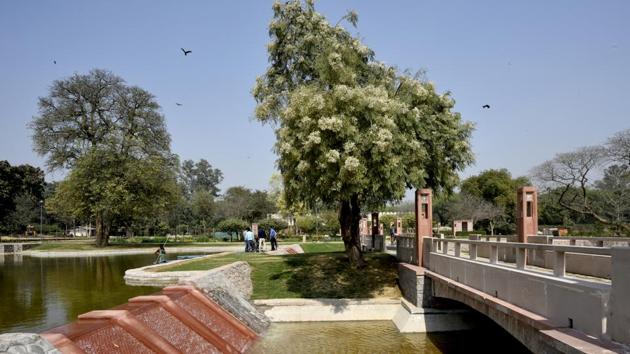 A view of the water channel near the Sunder Burj tomb. Inspired by traditional Mughal gardens with Persian carpet patterns, the central axis acts as a primary pedestrian spine for visitors. It follows the path of the 16th century Grand Trunk Road connecting the entrance zone of Humayun’s Tomb World Heritage Site with the 16th century Azimganj Serai in the north. (Vipin Kumar / HT Photo) A view of the water channel near the Sunder Burj tomb. Inspired by traditional Mughal gardens with Persian carpet patterns, the central axis acts as a primary pedestrian spine for visitors. It follows the path of the 16th century Grand Trunk Road connecting the entrance zone of Humayun’s Tomb World Heritage Site with the 16th century Azimganj Serai in the north. (Vipin Kumar / HT Photo)