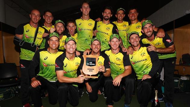 Australia celebrate after winning the International Twenty20 Tri Series Final match between New Zealand and Australia at Eden Park on February 21, 2018 in Auckland, New Zealand.(Getty Images)