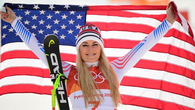 Lindsey Vonn, third placed, celebrates during the victory ceremony of the women's Downhill at the Jeongseon Alpine Center during the Pyeongchang 2018 Winter Olympic Games on Wednesday. (AFP) Lindsey Vonn, third placed, celebrates during the victory ceremony of the women's Downhill at the Jeongseon Alpine Center during the Pyeongchang 2018 Winter Olympic Games on Wednesday. (AFP)