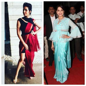 Actor Kirti Kulhari and Madhuri Dixit in fusion versions of sari.