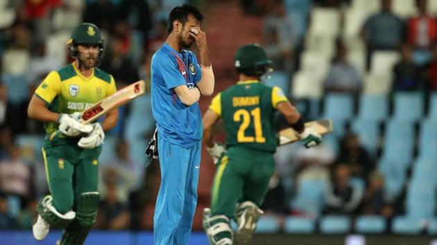 Yuzvendra Chahal reacts after missing a return catch during the 2nd T20 between South Africa and India at the SuperSport Park in Centurion on Wednesday.(BCCI)