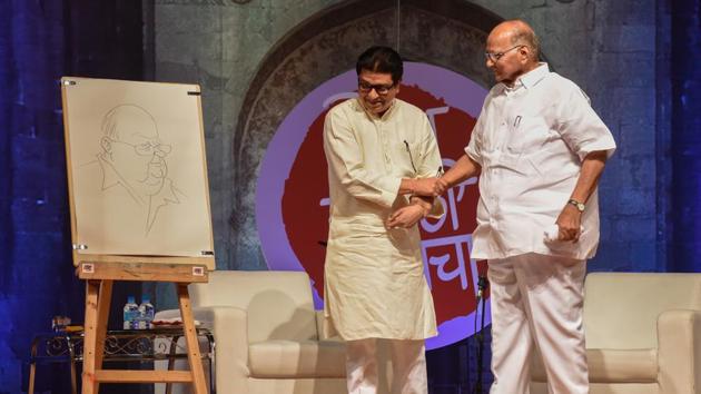 Raj Thackeray (left) and Sharad Pawar at 'Shodh Marathi Manacha' (15th Global Marathi Festival) at BMCC ground in Pune on Wednesday. (Sanket Wankhade/HT PHOTO) Raj Thackeray (left) and Sharad Pawar at 'Shodh Marathi Manacha' (15th Global Marathi Festival) at BMCC ground in Pune on Wednesday. (Sanket Wankhade/HT PHOTO)