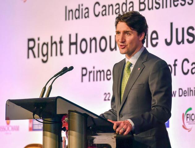 Canadian Prime Minister Justin Trudeau addresses the India Canada Business Session in New Delhi on February 22, 2018. (PTI) Canadian Prime Minister Justin Trudeau addresses the India Canada Business Session in New Delhi on February 22, 2018. (PTI)