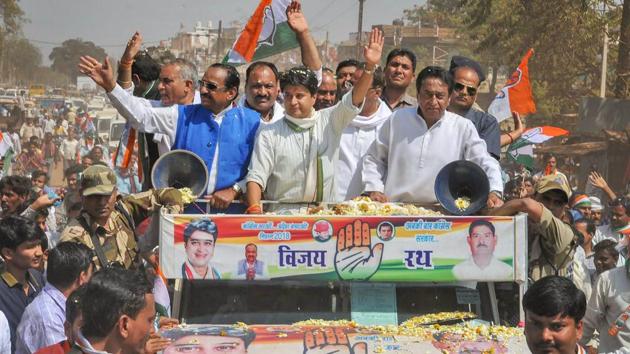 Congress leader Jyotiraditya Scindia with Kamal Nath and tribal leader Kantilal Bhuria take part in a road show before public meeting ahead of Kolaras bypoll, in Madhya Pradesh. (PTI Photo) Congress leader Jyotiraditya Scindia with Kamal Nath and tribal leader Kantilal Bhuria take part in a road show before public meeting ahead of Kolaras bypoll, in Madhya Pradesh. (PTI Photo)