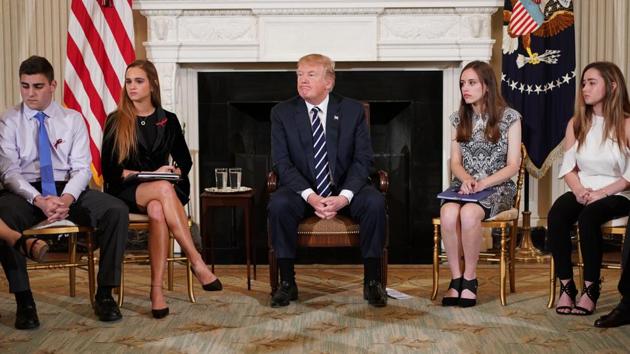 US President Donald Trump takes part in a “listening session” on gun violence with teachers and students in the State Dining Room of the White House on Thursday.(AFP Photo) US President Donald Trump takes part in a “listening session” on gun violence with teachers and students in the State Dining Room of the White House on Thursday.(AFP Photo)