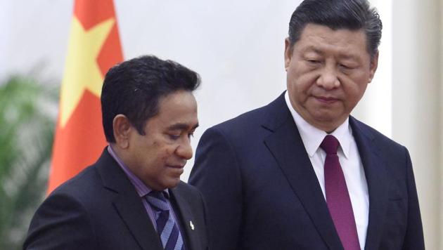 Maldivian president Abdullah Yameen with Chinese president Xi Jinping in Beijing in December 2017.(Kyodo News via Getty Images)