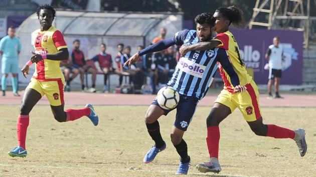 Minerva Punjab FC and Gokulam Kerala in action during the I-League match at Tau Devi Lal Stadium in Panchkula on Tuesday, 20 February 2018.(HT Photo)