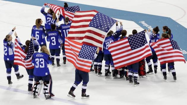 Team USA parades around the ice after winning the women’s ice hockey gold at the Pyeongchang 2018 Olympics. (REUTERS) Team USA parades around the ice after winning the women’s ice hockey gold at the Pyeongchang 2018 Olympics. (REUTERS)