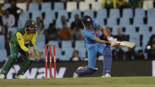 India's batsman Manish Pandey plays a shot as South Africa's wicketkeeper Heinrich Klaasen watches during the second T20 match between South Africa and India at Centurion Park in Pretoria, South Africa on Wednesday, February 21, 2018.(AP)