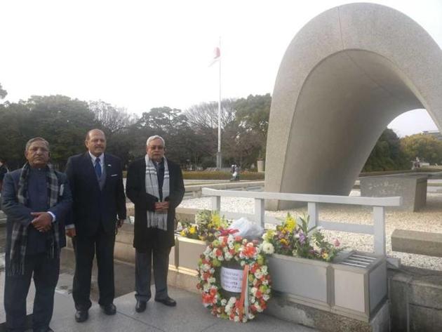 Bihar chief minister Nitish Kumar at the Hiroshima memorial on Wednesday. Bihar chief minister Nitish Kumar at the Hiroshima memorial on Wednesday.