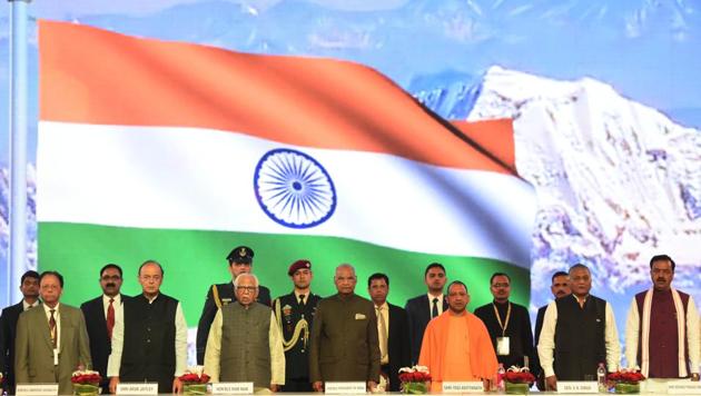President Ram Nath Kovind with governor Ram Naik, CM Yogi Adityanath, union ministers at the concluding function. (HT Photo) President Ram Nath Kovind with governor Ram Naik, CM Yogi Adityanath, union ministers at the concluding function. (HT Photo)
