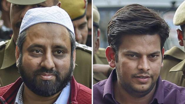 This combination of photos show AAP MLAs Amanatullah Khan and Prakash Jarwal being produced at Tees Hazari Court in Delhi. (PTI File Photo) This combination of photos show AAP MLAs Amanatullah Khan and Prakash Jarwal being produced at Tees Hazari Court in Delhi. (PTI File Photo)
