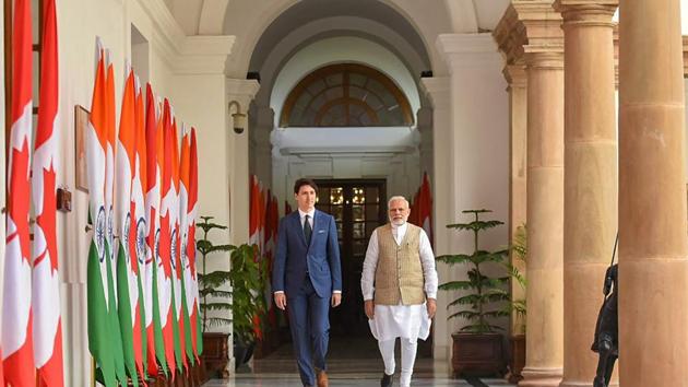 Prime Minister Narendra Modi with his Canadian counterpart Justin Trudeau before their meeting at Hyderabad House in New Delhi on Friday.(PTI)