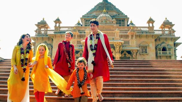 Canadian Prime Minister Justin Trudeau along with his family members visit Swaminarayan Akshardham Temple in Gandhinagar on February 18. (PTI)
