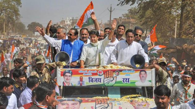 Congress leader Jyotiraditya Scindia take part in a road show before a public meeting ahead of Kolaras bypoll, in Madhya Pradesh. (PTI Photo) Congress leader Jyotiraditya Scindia take part in a road show before a public meeting ahead of Kolaras bypoll, in Madhya Pradesh. (PTI Photo)