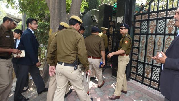 Additional DCP (North) Harendra K Singh leads a Delhi Police team during a visit to chief minister Arvind Kejriwal’s residence on Friday. (Sonu Mehta/HT Photo) Additional DCP (North) Harendra K Singh leads a Delhi Police team during a visit to chief minister Arvind Kejriwal’s residence on Friday. (Sonu Mehta/HT Photo)