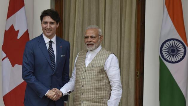 Prime Minister Narendra Modi with Canada Prime Minister Justin Trudeau at the Hyderabad House in New Delhi on Friday.(Vipin Kumar / HT Photo) Prime Minister Narendra Modi with Canada Prime Minister Justin Trudeau at the Hyderabad House in New Delhi on Friday.(Vipin Kumar / HT Photo)