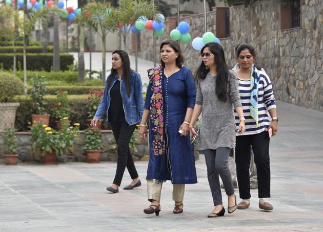 Shakuntala Dhull (second from left) along with Nisha Saini (third from left) and other members of the team arrive at the Gurgaon school on Friday. (Sanjeev Verma/HT PHOTO) Shakuntala Dhull (second from left) along with Nisha Saini (third from left) and other members of the team arrive at the Gurgaon school on Friday. (Sanjeev Verma/HT PHOTO)
