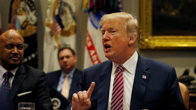 US President Donald Trump talks about gun safety in schools during a meeting with local and state officials about improving school safety at the White House in Washington, US, on Thursday.(Reuters Photo)