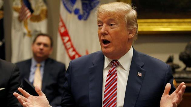 US President Donald Trump talks about gun safety in schools during a meeting with local and state officials about improving school safety at the White House in Washington, US, on Thursday.(Reuters Photo)