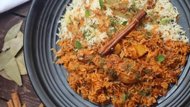 Khoja chicken biryani is meaty and spicy and often slow-cooked for over three hours.