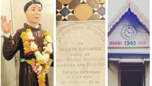 Some of the exhibits from East Indian Memory Co. (From left to right) A statue of St Bonaventure at Erangal, in Madh Island, Malad; a tomb marker in Vasai which is part of the main church’s flooring and has engraved text in Portuguese; one of the older houses in the village Giriz.(Courtesy: Reena Pereira-Almeida)