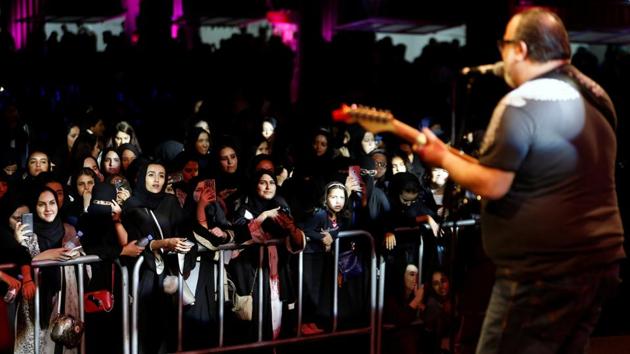 Women and children attend the jazz festival in Riyadh, Saudi Arabia, on Friday.(Reuters Photo)